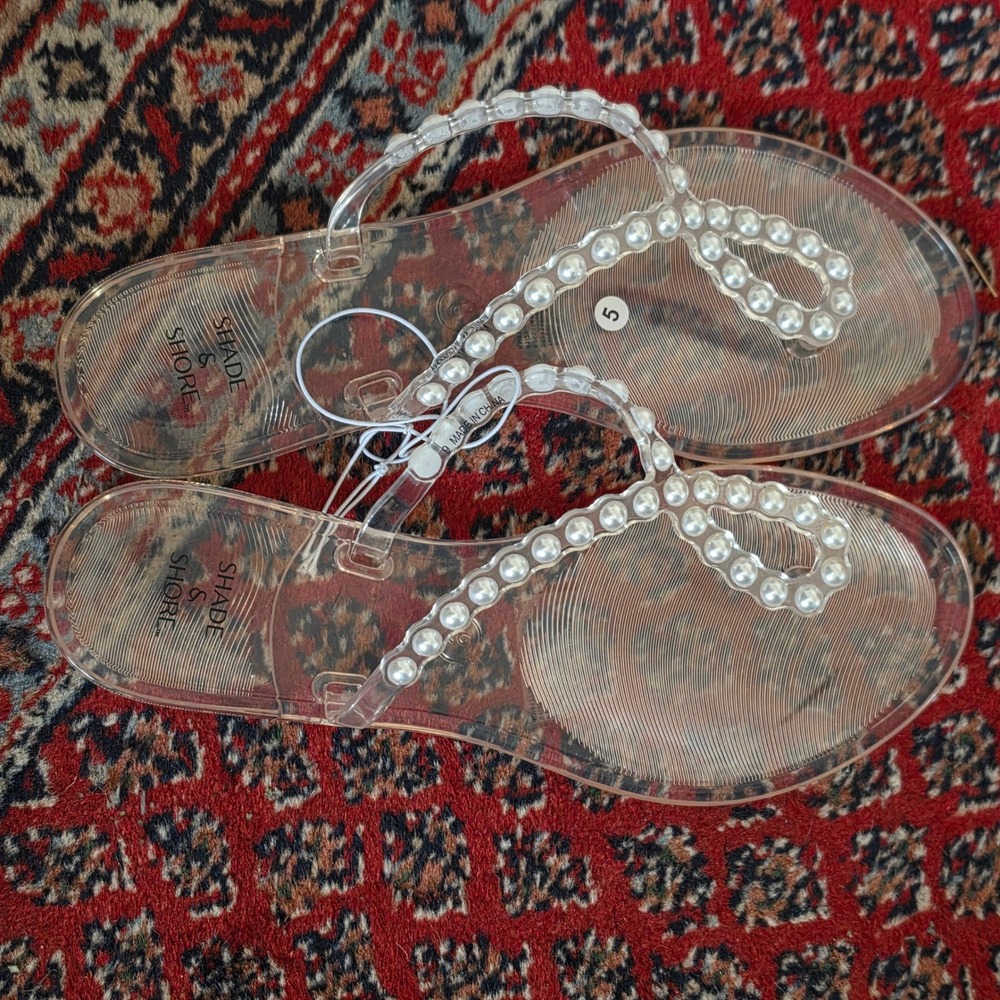 Shade & Shore Women Clear Jelly Pearl Embellished Flip Flop Sandals Size 9